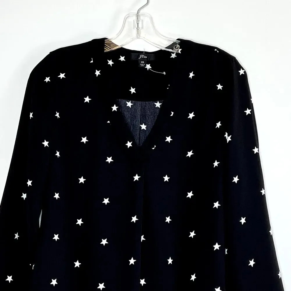J. Crew Long Sleeve V Neck Star Popover Blouse Black White Womens XS
